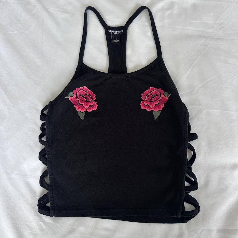 Streetwear Society Racerback Tank Top Women's Small Black Rose Whimsigoth